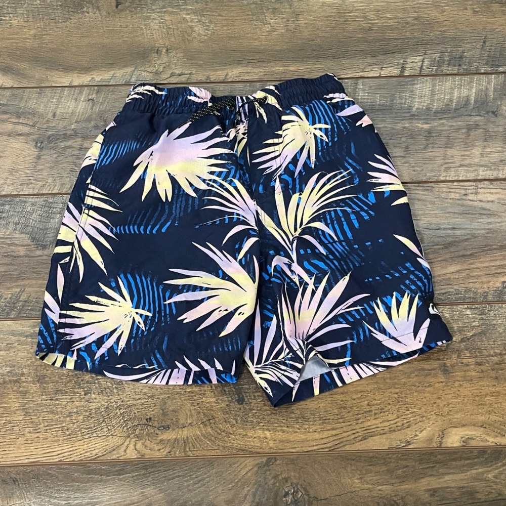 Quiksilver Boys Swim Trunks Navy Tropical Palm Leaf Print Size M 10/12 Shorts